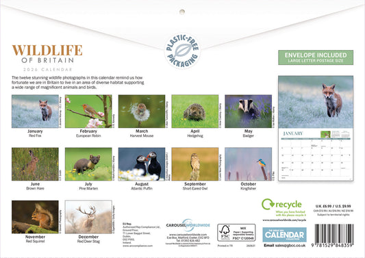 Wildlife of Britain A4 calendar 2026
