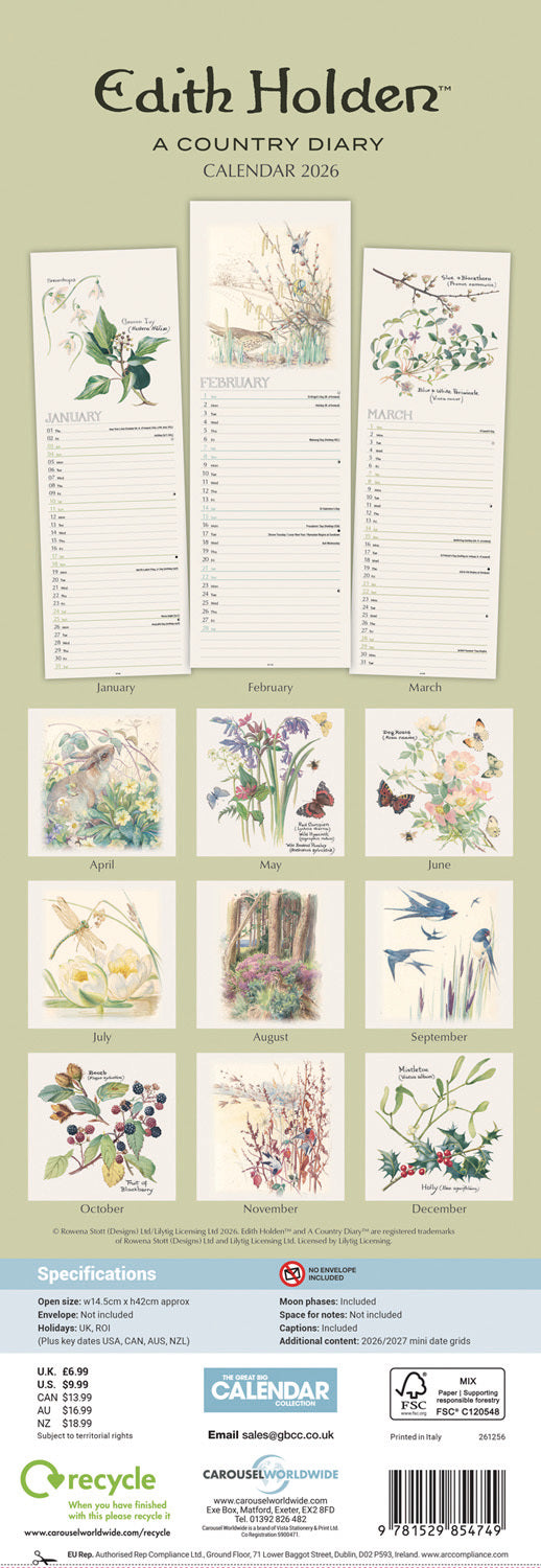 Country Diary, Edith Holden slim calendar 2026