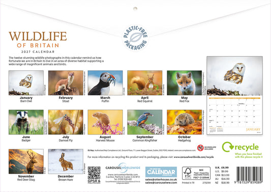 Wildlife of Britain A4 calendar 2027