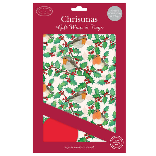 Holly, berries and robins wrap and tags