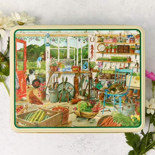 Garden shed biscuit tin