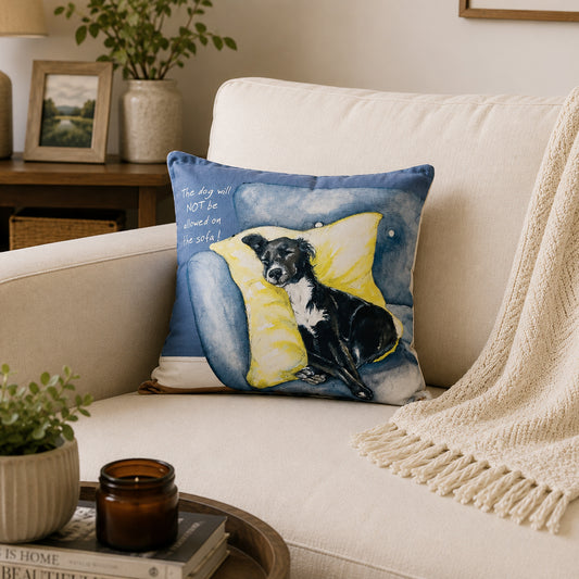 The dog and sofa cushion