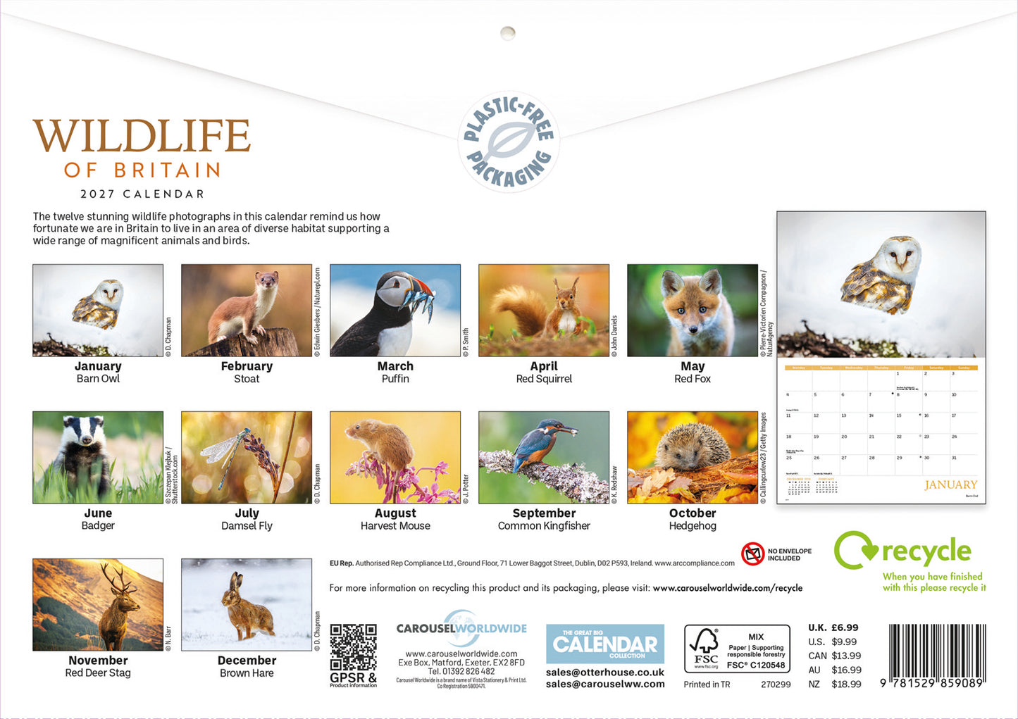 Wildlife of Britain A4 calendar 2027
