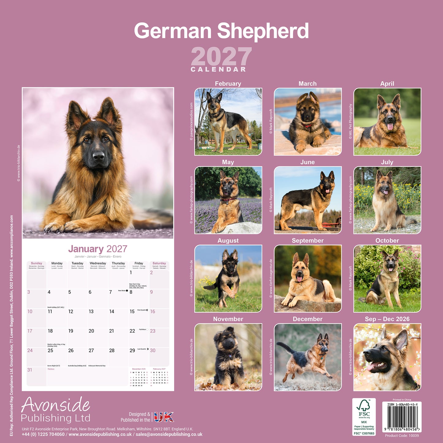 German Shepherd wall calendar 2027