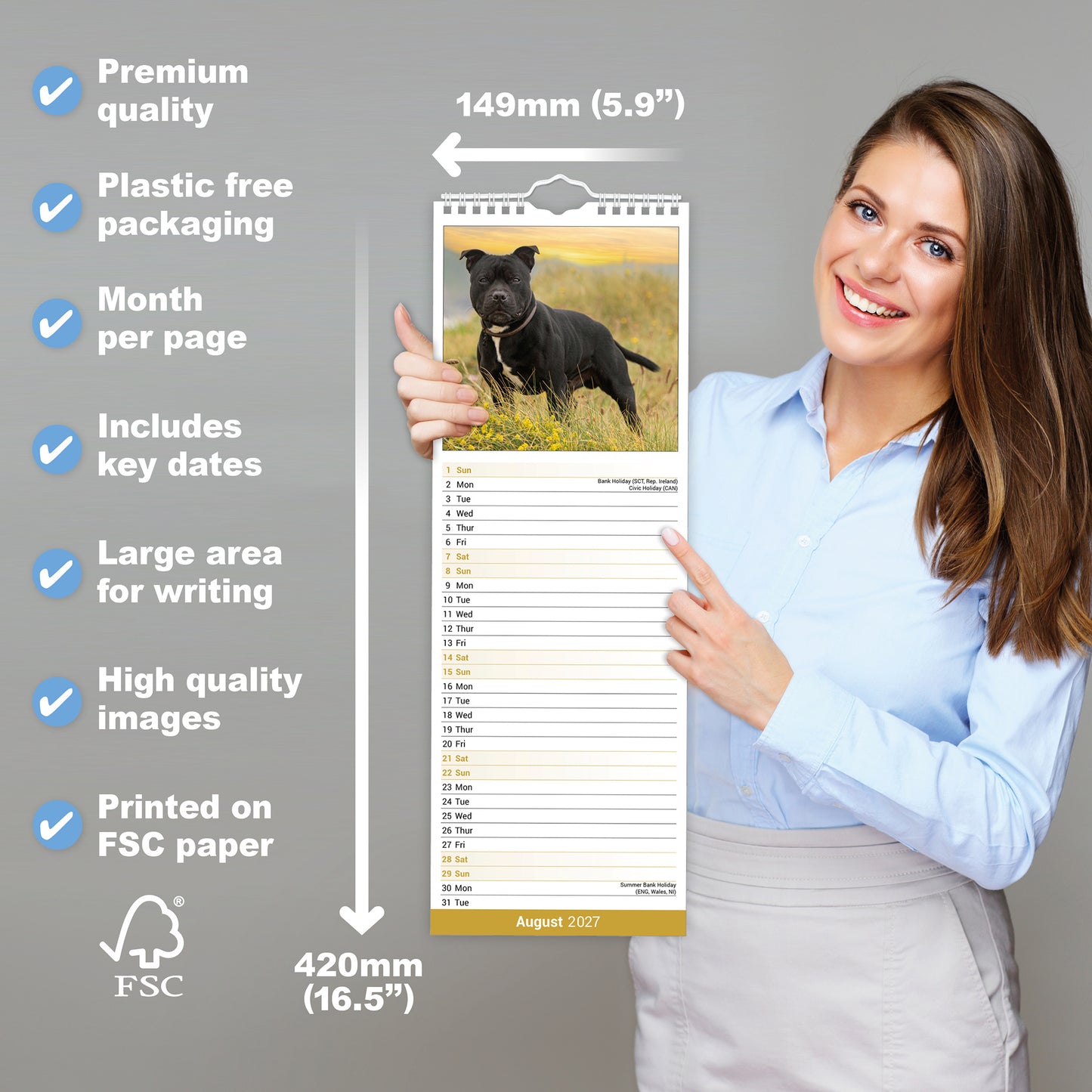 Staffordshire Bull Terrier slim calendar 2027