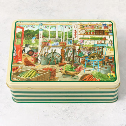 Garden shed biscuit tin