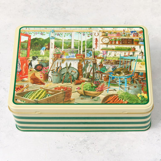 Garden shed biscuit tin