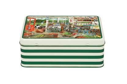 Garden shed biscuit tin