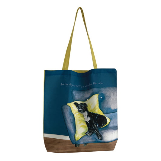 The dog and sofa tote bag