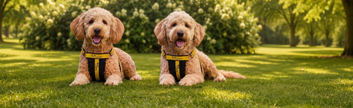 Two dogs wearing Dogs Trust harnesses lying on grass